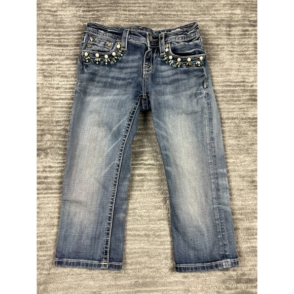 Miss Me Jeans‎ Girls14 Blue Mid Pocket Embroidered Bling Studed Cuffed Capri - Picture 1 of 15